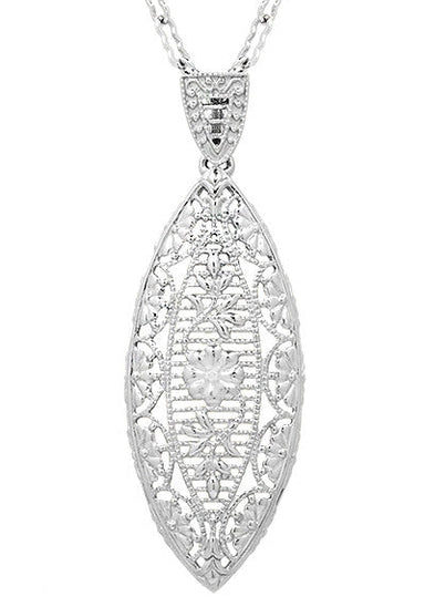 Art Deco Dangling Leaf Diamond Filigree Necklace in Sterling Silver