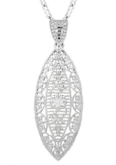 Art Deco Dangling Leaf Diamond Filigree Necklace in Sterling Silver