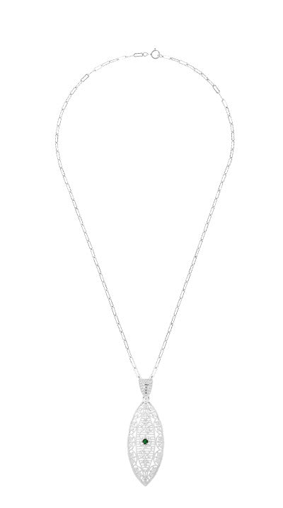 1920's Vintage Style Filigree Emerald Leaf Pendant Necklace in Sterling Silver - Item: N171WE - Image: 3