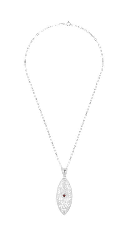 1920's Art Deco Dangling Leaf Filigree Ruby Necklace in Sterling Silver - Item: N171WR - Image: 3