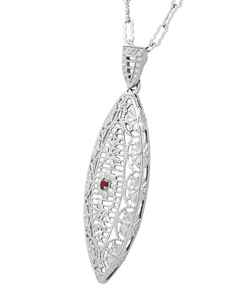 1920's Art Deco Dangling Leaf Filigree Ruby Necklace in Sterling Silver - Item: N171WR - Image: 2