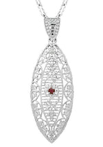 1920's Art Deco Dangling Leaf Filigree Ruby Necklace in Sterling Silver