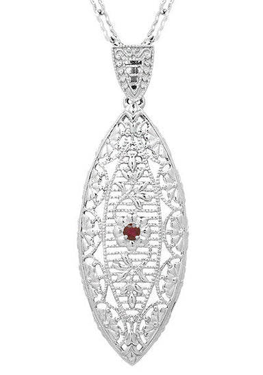 1920's Art Deco Dangling Leaf Filigree Ruby Necklace in Sterling Silver
