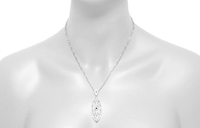 Art Deco Sterling Silver Blue Sapphire Filigree Leaf Necklace - Item: N171WS - Image: 4