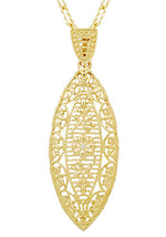 Art Deco Yellow Gold Vermeil Dangling Leaf Diamond Filigree Pendant Necklace