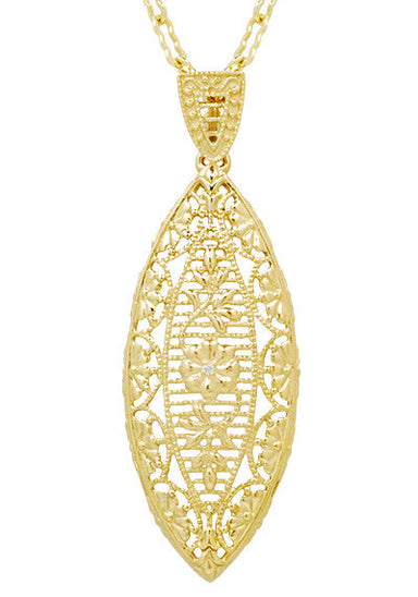 Art Deco Yellow Gold Vermeil Dangling Leaf Diamond Filigree Pendant Necklace