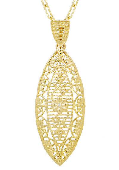 Art Deco Yellow Gold Vermeil Dangling Leaf Diamond Filigree Pendant Necklace