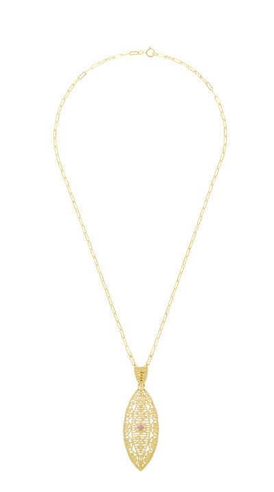 Art Deco Filigree Leaf Pink Sapphire Pendant Necklace in Yellow Gold Vermeil - Item: N171YPS - Image: 3
