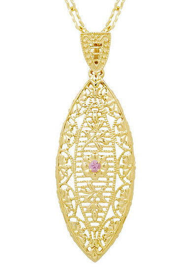 Art Deco Filigree Leaf Pink Sapphire Pendant Necklace in Yellow Gold Vermeil