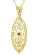 Art Deco Dangling Leaf Filigree Ruby Necklace in Yellow Gold Over Sterling Silver