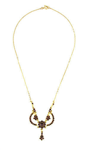 Victorian Bohemian Garnets Teardrop Necklace in Sterling Silver with Yellow Gold Vermeil - 16" - alternate view