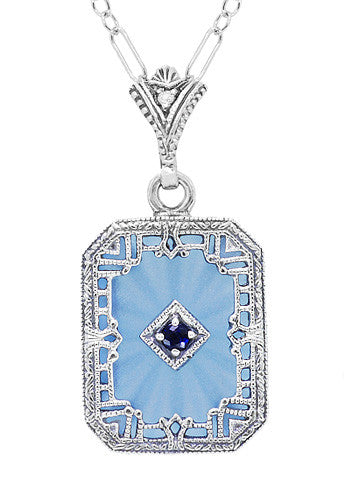 Art Deco Filigree Sky Blue Sun Ray Crystal Pendant Necklace with Sapphire and Diamond in Sterling Silver