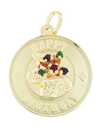 Happy Birthday Flowers Charm Medallion in 14 Karat Gold