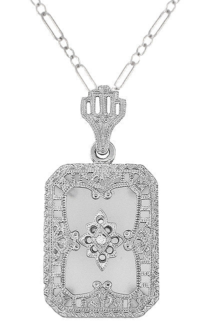 Art Deco Filigree Crystal and Diamond Set Rectangular Pendant Necklace in Sterling Silver