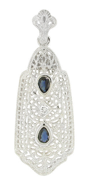 Art Deco Filigree Sapphire and Diamond Lavalier Pendant Necklace in 14 Karat White Gold