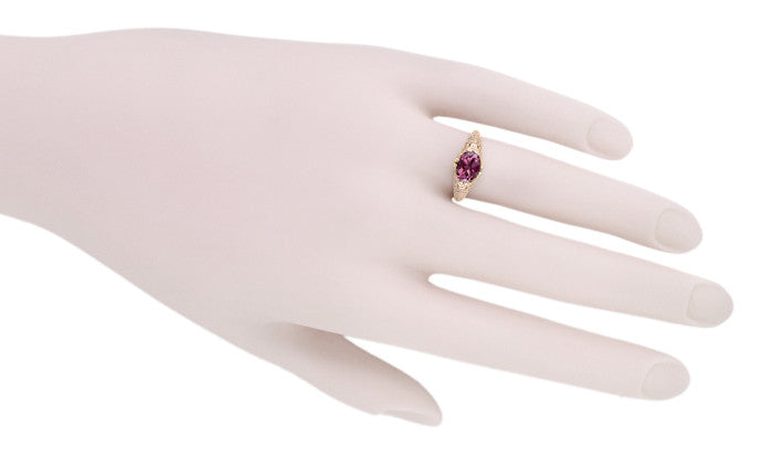 Edwardian Filigree 14 Karat Rose Gold East West Oval Rhodolite Garnet Engagement Ring - Item: R799RRG - Image: 6