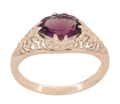 Edwardian Filigree 14 Karat Rose Gold East West Oval Rhodolite Garnet Engagement Ring - alternate view