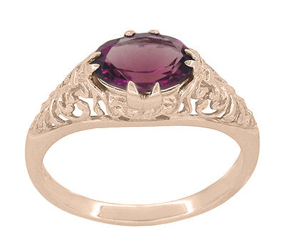 Edwardian Filigree 14 Karat Rose Gold East West Oval Rhodolite Garnet Engagement Ring - Item: R799RRG - Image: 2