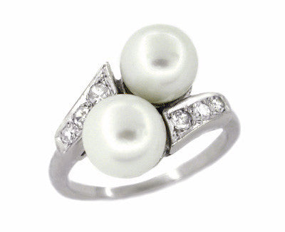 1950's Retro Pearl and Diamond Vintage Bypass Ring in 14 Karat White Gold
