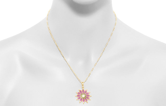 Antique 1910 Design Art Nouveau Plique a Jour Enamel Pendant Necklace with White Sapphire in Yellow Gold Vermeil over  Sterling Silver - Item: P121Y - Image: 4
