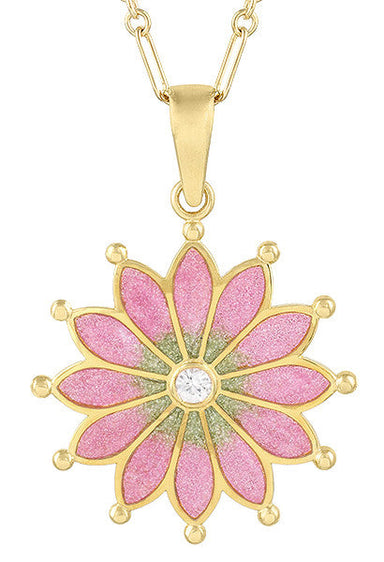 Antique 1910 Design Art Nouveau Plique a Jour Enamel Pendant Necklace with White Sapphire in Yellow Gold Vermeil over  Sterling Silver