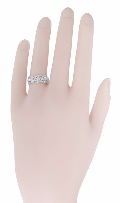 Sculptural Scrolls and Flowers Mid Century Filigree Wide Wedding Ring in White Gold - Item: R1114W10 - Image: 3