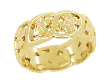 Mid Century Scrolls and Pansy Flowers Yellow Gold Open Filigree Wedding Ring - alternate view
