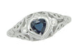 Art Deco Heart Sapphire and Diamond Filigree Ring in 14 Karat White Gold