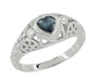 Art Deco Heart Sapphire and Diamond Filigree Ring in 14 Karat White Gold