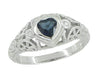 Art Deco Heart Sapphire and Diamond Filigree Ring in 14 Karat White Gold