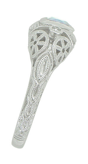 Art Deco Heart Blue Topaz and Diamond Filigree Ring in 14 Karat White Gold | Vintage Inspired - Item: R1119BT - Image: 3