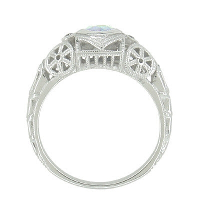 Art Deco Heart Blue Topaz and Diamond Filigree Ring in 14 Karat White Gold | Vintage Inspired - Item: R1119BT - Image: 4