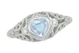 Art Deco Heart Blue Topaz and Diamond Filigree Ring in 14 Karat White Gold | Vintage Inspired