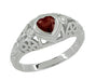 Art Deco Heart Shaped Almandine Garnet and Diamond Filigree Ring in 14 Karat White Gold