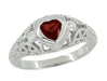 Art Deco Heart Shaped Almandine Garnet and Diamond Filigree Ring in 14 Karat White Gold