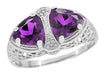 Art Deco Loving Duo Filigree 2 Stone Amethyst Ring in Sterling Silver