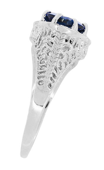 Art Deco Filigree Blue Sapphire Loving Duo Trillion Ring in Sterling Silver - Item: R1123S - Image: 3