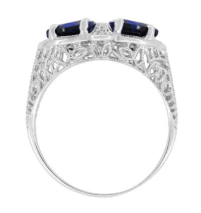 Art Deco Filigree Blue Sapphire Loving Duo Trillion Ring in Sterling Silver - Item: R1123S - Image: 4