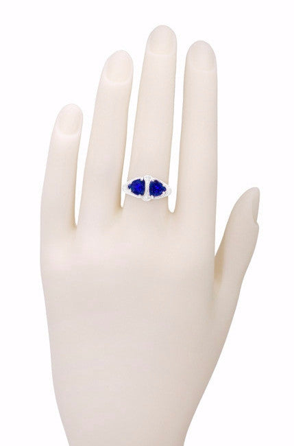 Art Deco Filigree Blue Sapphire Loving Duo Trillion Ring in Sterling Silver - Item: R1123S - Image: 6