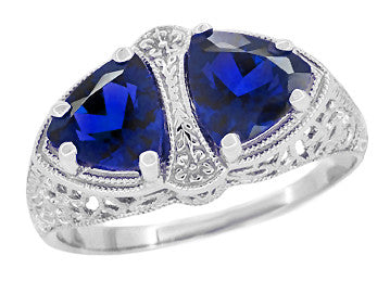 Art Deco Filigree Blue Sapphire Loving Duo Trillion Ring in Sterling Silver