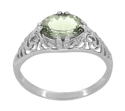 Edwardian Vintage Style Filigree Oval Green Amethyst Promise Ring in Sterling Silver | Prasiolite - Item: R1125GA-14 - Image: 3