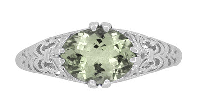 Edwardian Vintage Style Filigree Oval Green Amethyst Promise Ring in Sterling Silver | Prasiolite - Item: R1125GA-14 - Image: 5