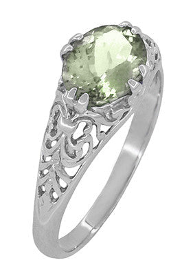 Edwardian Vintage Style Filigree Oval Green Amethyst Promise Ring in Sterling Silver | Prasiolite - Item: R1125GA-14 - Image: 2