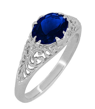 Oval Lab Grown Blue Sapphire Filigree Edwardian Promise Ring in Sterling Silver - 1.25 Carats - alternate view