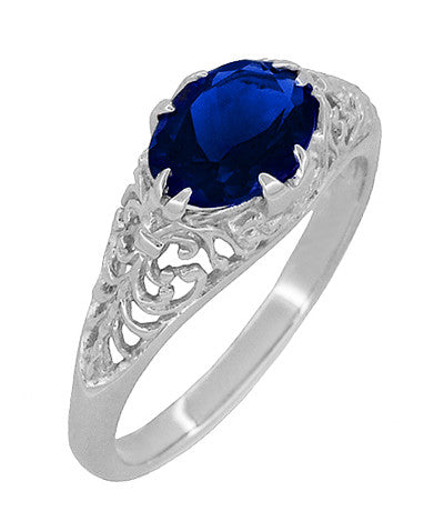 Oval Lab Grown Blue Sapphire Filigree Edwardian Promise Ring in Sterling Silver - 1.25 Carats - Item: R1125S - Image: 2