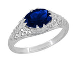 Oval Lab Grown Blue Sapphire Filigree Edwardian Promise Ring in Sterling Silver - 1.25 Carats