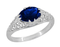 Oval Lab Grown Blue Sapphire Filigree Edwardian Promise Ring in Sterling Silver - 1.25 Carats