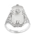 Art Deco Filigree Camphor Crystal Ring with Diamond Center in 14 Karat White Gold