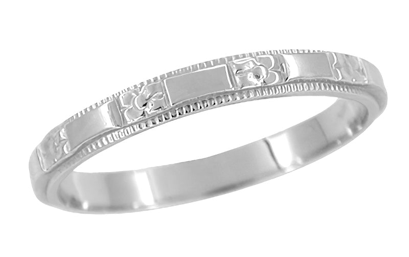 Vintage Meadow Beauty Rhexia Flower Wedding Band in White Gold 2.5mm Wide with Milgrain Edges - R1127