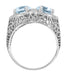 Art Deco Loving Duo Filigree Blue Topaz Trillions 2 Stone Ring in 14 Karat White Gold